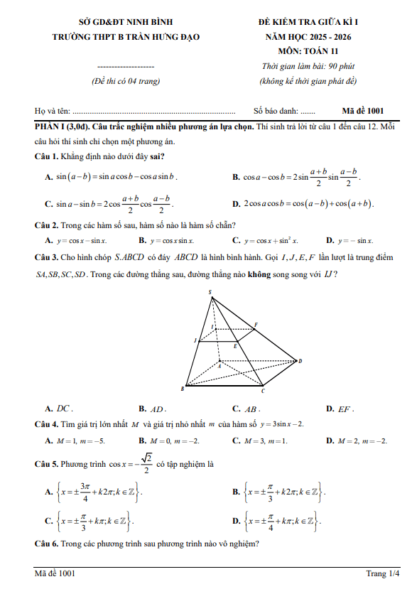 đề giữa kì 1 toán 11 năm 2025 – 2026 trường thpt b trần hưng đạo – ninh bình