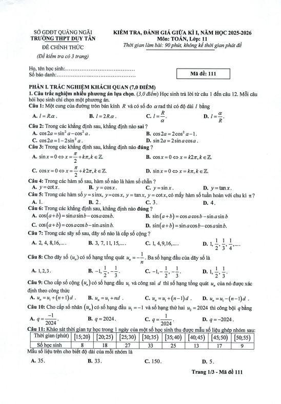 đề giữa kì 1 toán 11 năm 2025 – 2026 trường thpt duy tân – quảng ngãi