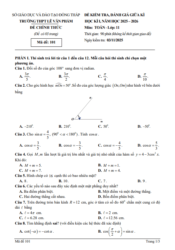 đề giữa kì 1 toán 11 năm 2025 – 2026 trường thpt lê văn phẩm – đồng tháp