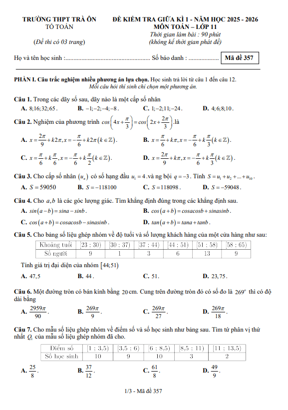 đề giữa kì 1 toán 11 năm 2025 – 2026 trường thpt trà ôn – vĩnh long