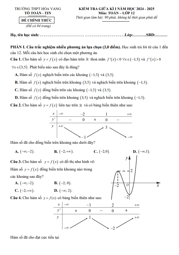 đề giữa kì 1 toán 12 năm 2024 – 2025 trường thpt hòa vang – đà nẵng