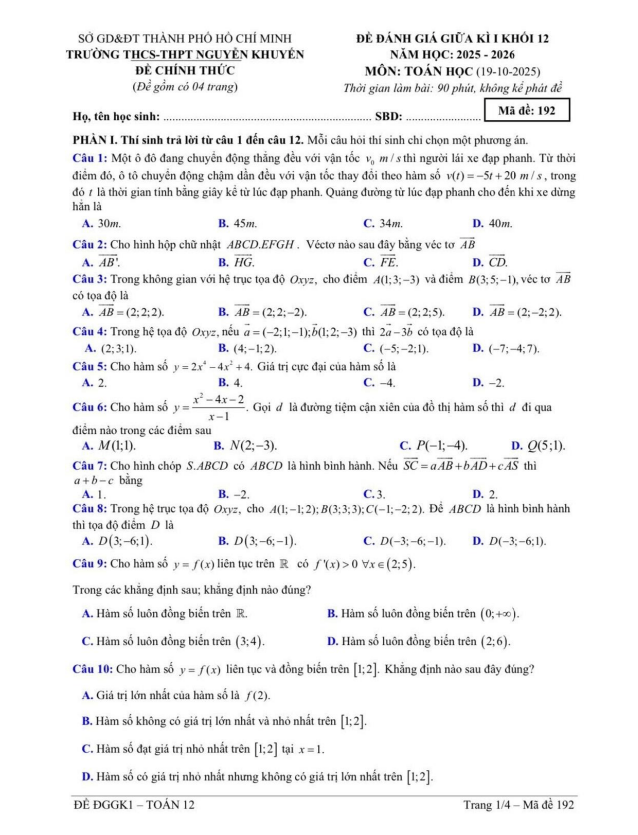 đề giữa kì 1 toán 12 năm 2025 – 2026 trường nguyễn khuyến – tp hcm