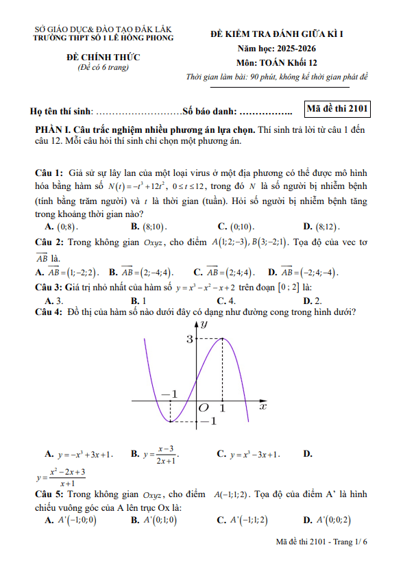 đề giữa kì 1 toán 12 năm 2025 – 2026 trường thpt lê hồng phong 1 – đắk lắk