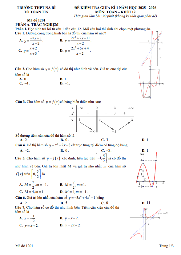 đề giữa kì 1 toán 12 năm 2025 – 2026 trường thpt na rì – thái nguyên