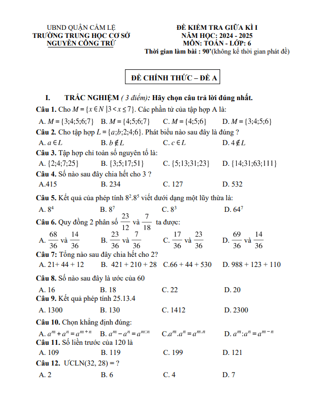 đề giữa kì 1 toán 6 năm 2024 – 2025 trường thcs nguyễn công trứ – đà nẵng