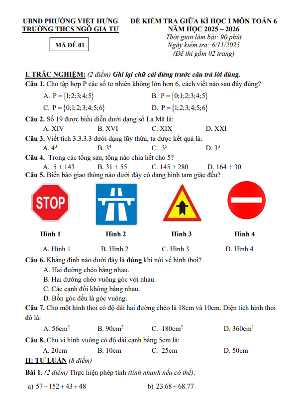 đề giữa kì 1 toán 6 năm 2025 – 2026 trường thcs ngô gia tự – hà nội