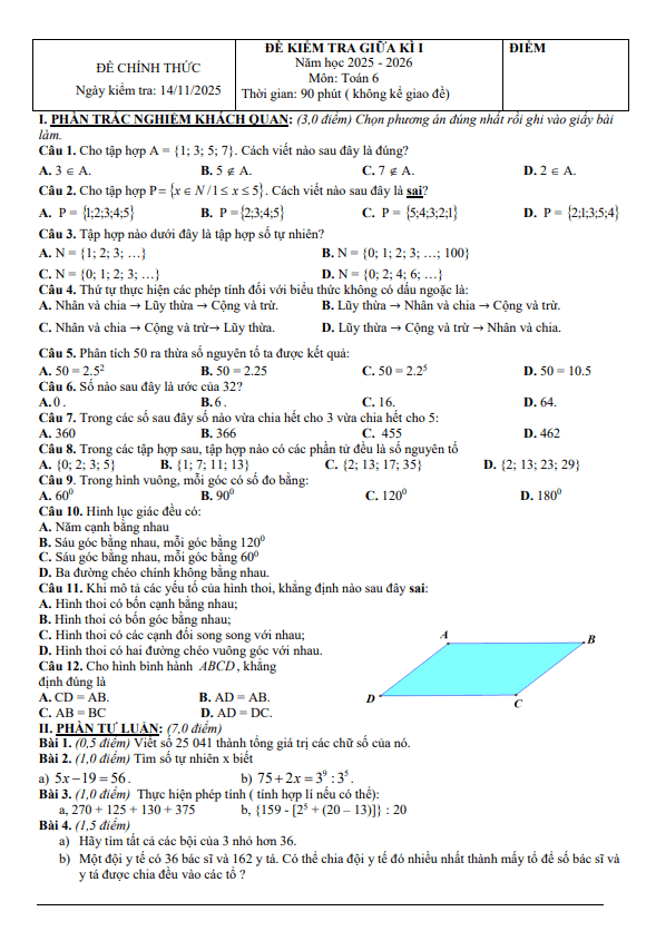đề giữa kì 1 toán 6 năm 2025 – 2026 trường thcs trần quý cáp – đà nẵng