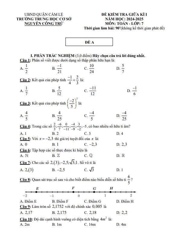 đề giữa kì 1 toán 7 năm 2024 – 2025 trường thcs nguyễn công trứ – đà nẵng
