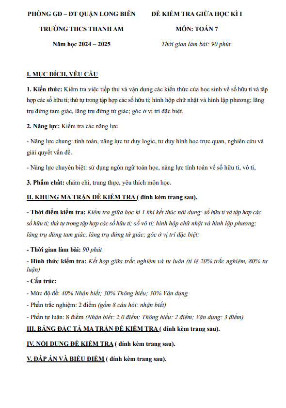 đề giữa kì 1 toán 7 năm 2024 – 2025 trường thcs thanh am – hà nội