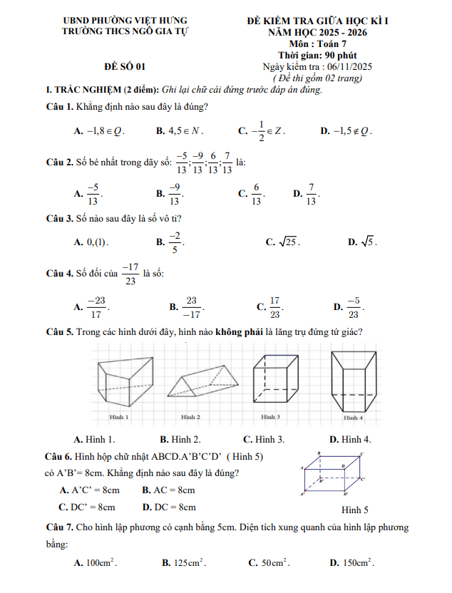 đề giữa kì 1 toán 7 năm 2025 – 2026 trường thcs ngô gia tự – hà nội