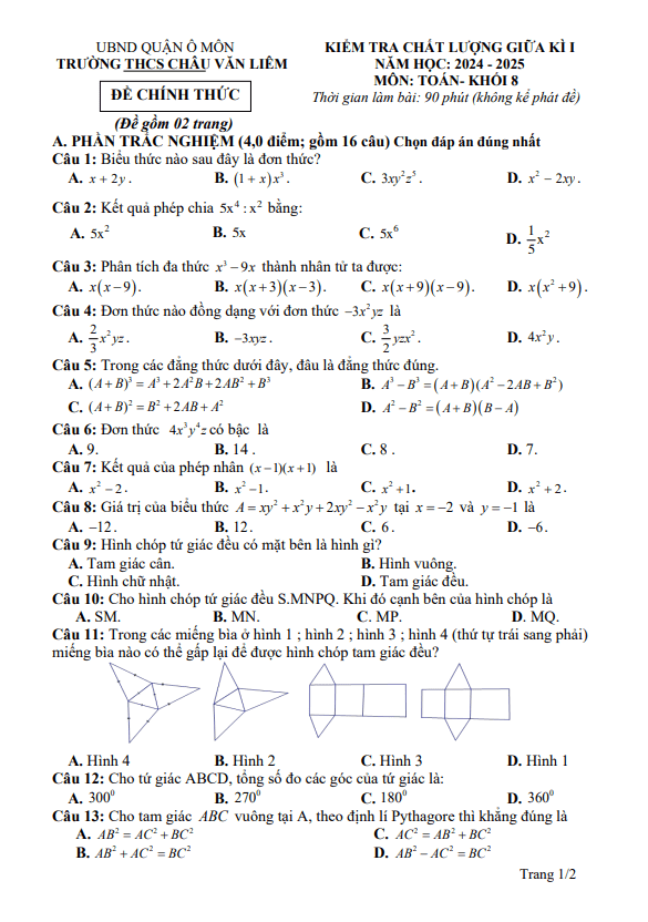 đề giữa kì 1 toán 8 năm 2024 – 2025 trường thcs châu văn liêm – cần thơ