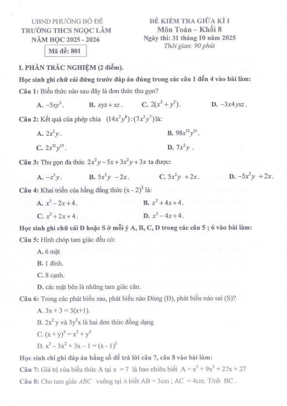 đề giữa kì 1 toán 8 năm 2025 – 2026 trường thcs ngọc lâm – hà nội