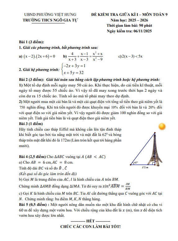 đề giữa kì 1 toán 9 năm 2025 – 2026 trường thcs ngô gia tự – hà nội