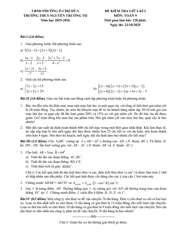 đề giữa kì 1 toán 9 năm 2025 – 2026 trường thcs nguyễn trường tộ – hà nội