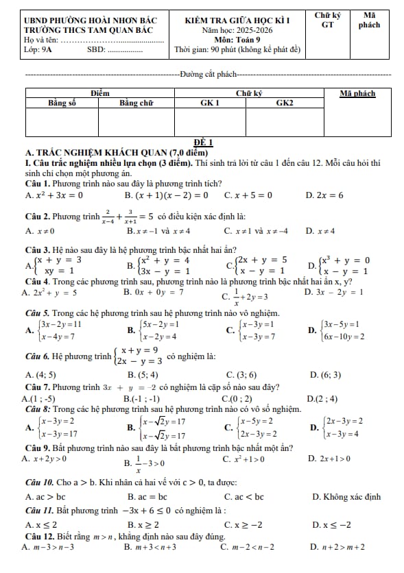 đề giữa kì 1 toán 9 năm 2025 – 2026 trường thcs tam quan bắc – gia lai