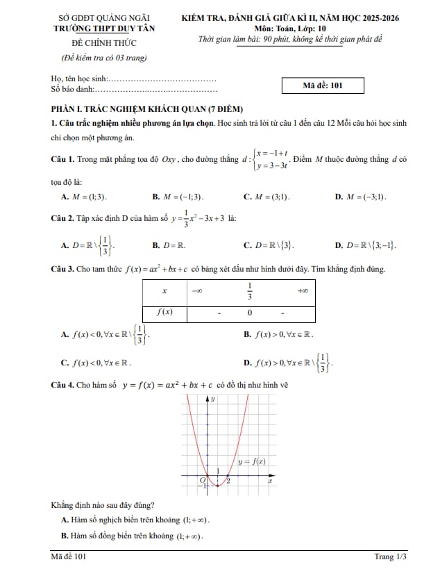 đề giữa kì 2 toán 10 năm 2025 – 2026 trường thpt duy tân – quảng ngãi