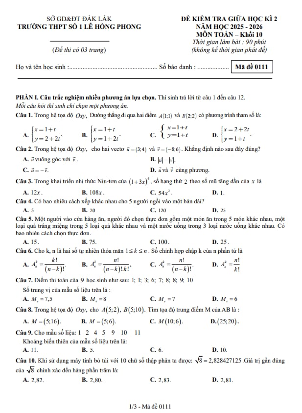 Tài liệu đề giữa kì 2 toán 10 năm 2025 – 2026 trường thpt lê hồng phong 1 – đắk lắk