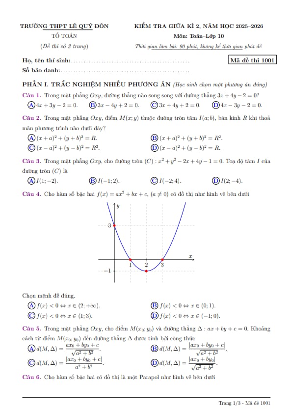 đề giữa kì 2 toán 10 năm 2025 – 2026 trường thpt lê quý đôn – quảng ngãi
