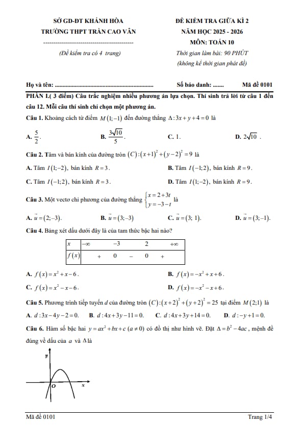 đề giữa kì 2 toán 10 năm 2025 – 2026 trường thpt trần cao vân – khánh hòa