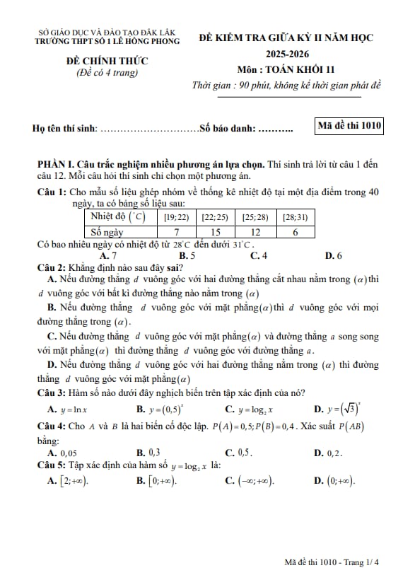 đề giữa kì 2 toán 11 năm 2025 – 2026 trường thpt lê hồng phong 1 – đắk lắk