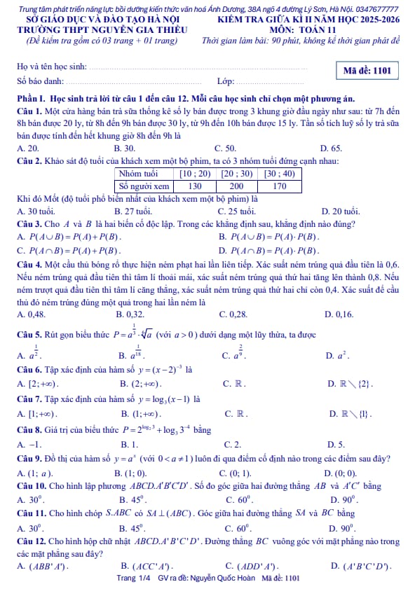 đề giữa kì 2 toán 11 năm 2025 – 2026 trường thpt nguyễn gia thiều – hà nội