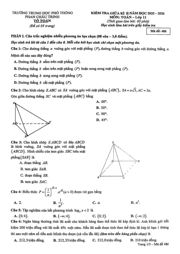 đề giữa kì 2 toán 11 năm 2025 – 2026 trường thpt phan châu trinh – đà nẵng
