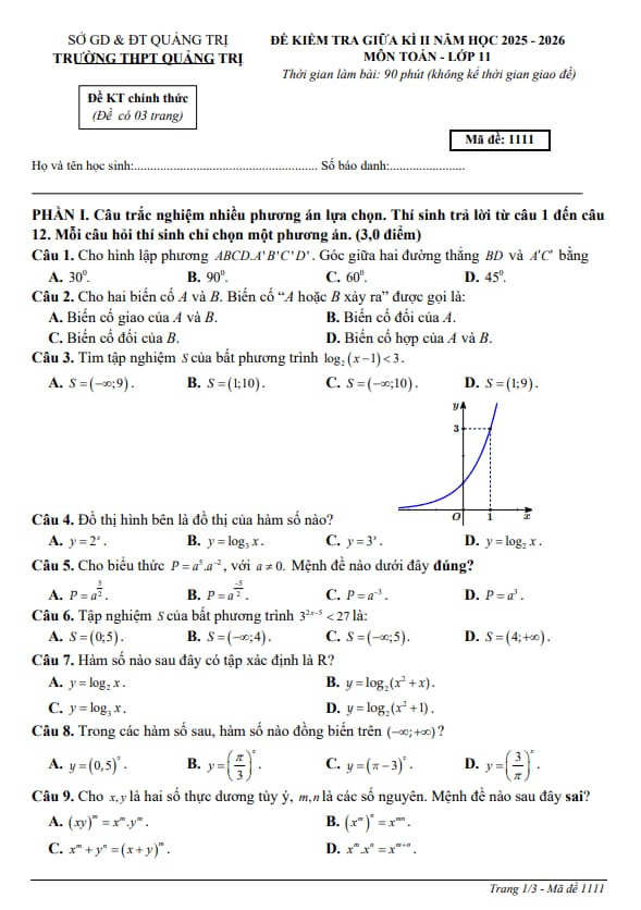 đề giữa kì 2 toán 11 năm 2025 – 2026 trường thpt quảng trị – quảng trị
