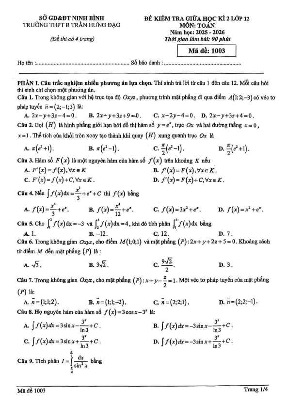 đề giữa kì 2 toán 12 năm 2025 – 2026 trường thpt b trần hưng đạo – ninh bình
