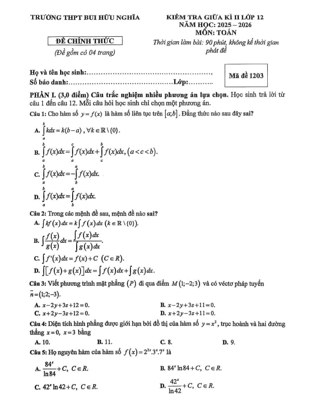 đề giữa kì 2 toán 12 năm 2025 – 2026 trường thpt bùi hữu nghĩa – cần thơ