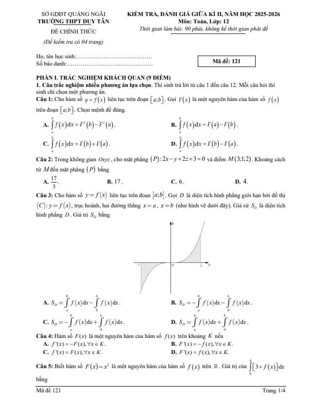 đề giữa kì 2 toán 12 năm 2025 – 2026 trường thpt duy tân – quảng ngãi