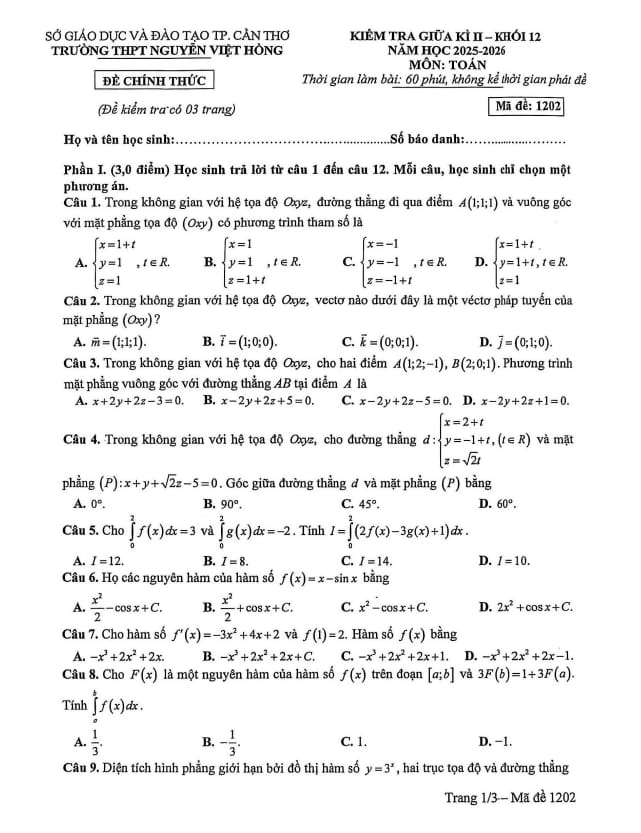 đề giữa kì 2 toán 12 năm 2025 – 2026 trường thpt nguyễn việt hồng – cần thơ