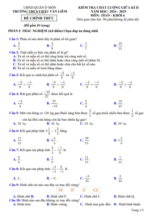 đề giữa kì 2 toán 6 năm 2024 – 2025 trường thcs châu văn liêm – cần thơ