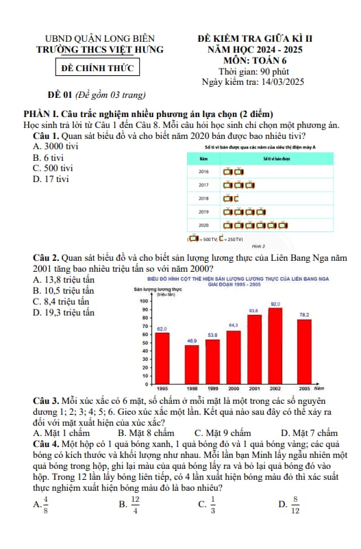 đề giữa kì 2 toán 6 năm 2024 – 2025 trường thcs việt hưng – hà nội