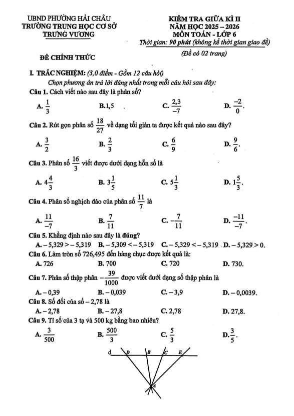 đề giữa kì 2 toán 6 năm 2025 – 2026 trường thcs trưng vương – đà nẵng