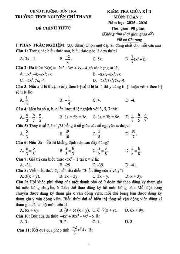 đề giữa kì 2 toán 7 năm 2025 – 2026 trường thcs nguyễn chí thanh – đà nẵng