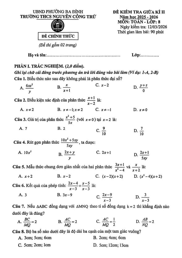 đề giữa kì 2 toán 8 năm 2025 – 2026 trường thcs nguyễn công trứ – hà nội
