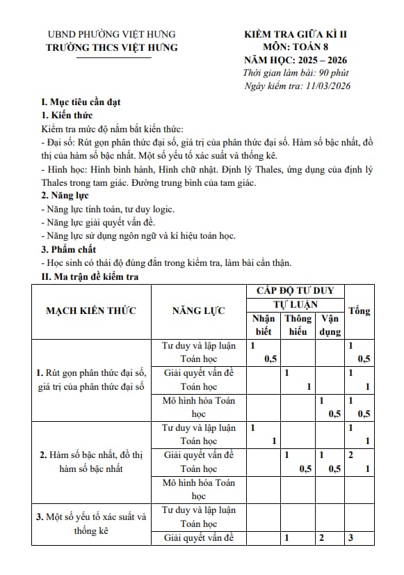 Tài liệu đề giữa kì 2 toán 8 năm 2025 – 2026 trường thcs việt hưng – hà nội