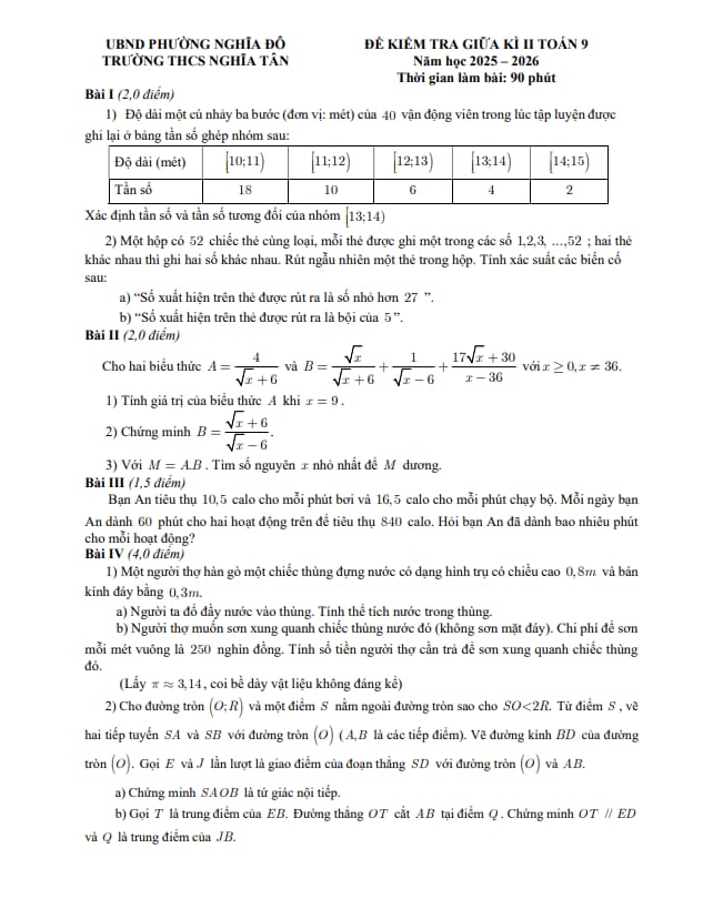 đề giữa kì 2 toán 9 năm 2025 – 2026 trường thcs nghĩa tân – hà nội