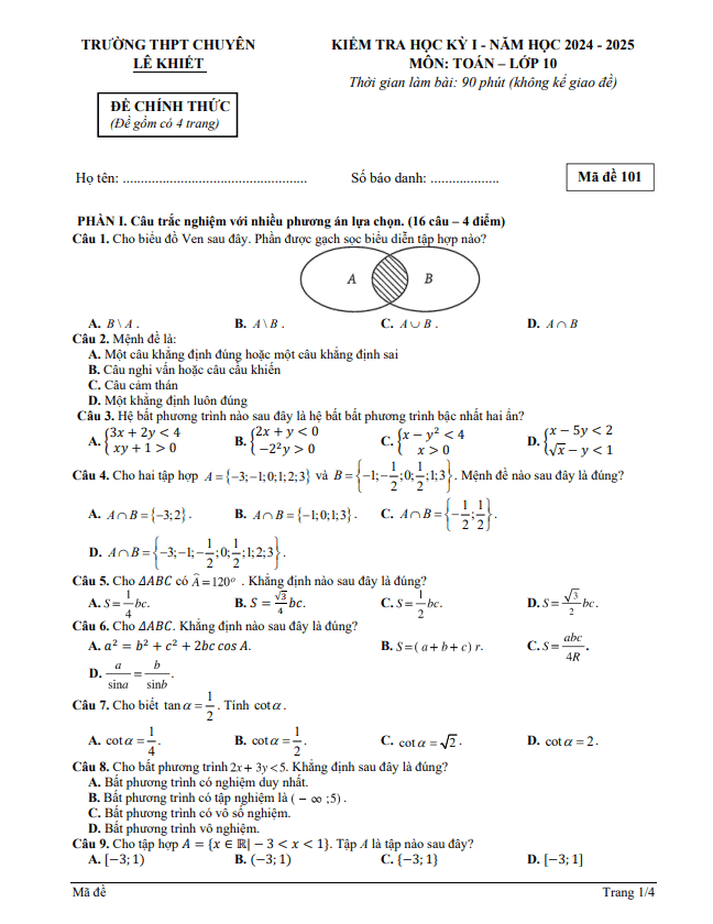 đề giữa kỳ 1 toán 10 năm 2024 – 2025 trường chuyên lê khiết – quảng ngãi