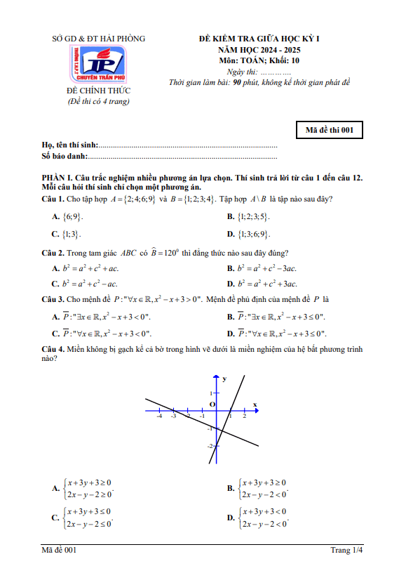 đề giữa kỳ 1 toán 10 năm 2024 – 2025 trường thpt chuyên trần phú – hải phòng