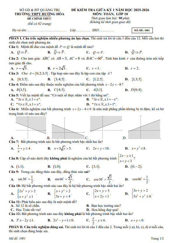 đề giữa kỳ 1 toán 10 năm 2025 – 2026 trường thpt hướng hóa – quảng trị