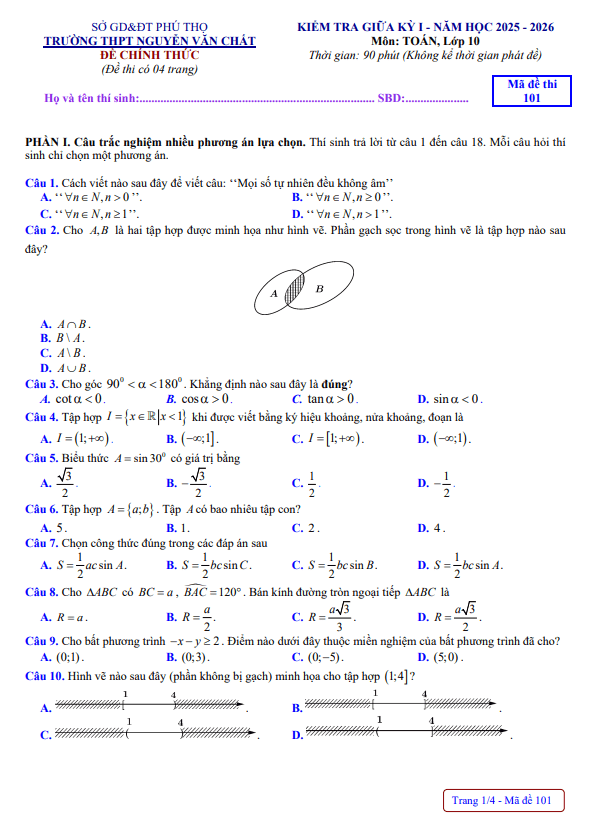 đề giữa kỳ 1 toán 10 năm 2025 – 2026 trường thpt nguyễn văn chất – phú thọ