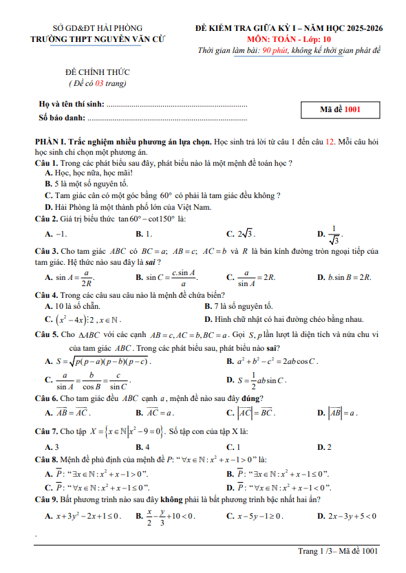 đề giữa kỳ 1 toán 10 năm 2025 – 2026 trường thpt nguyễn văn cừ – hải phòng