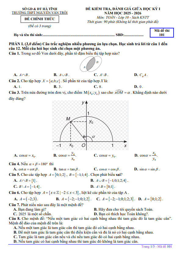 đề giữa kỳ 1 toán 10 năm 2025 – 2026 trường thpt nguyễn văn trỗi – hà tĩnh