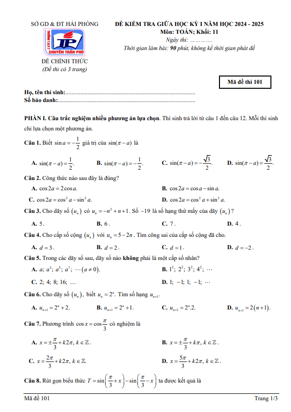 đề giữa kỳ 1 toán 11 năm 2024 – 2025 trường thpt chuyên trần phú – hải phòng