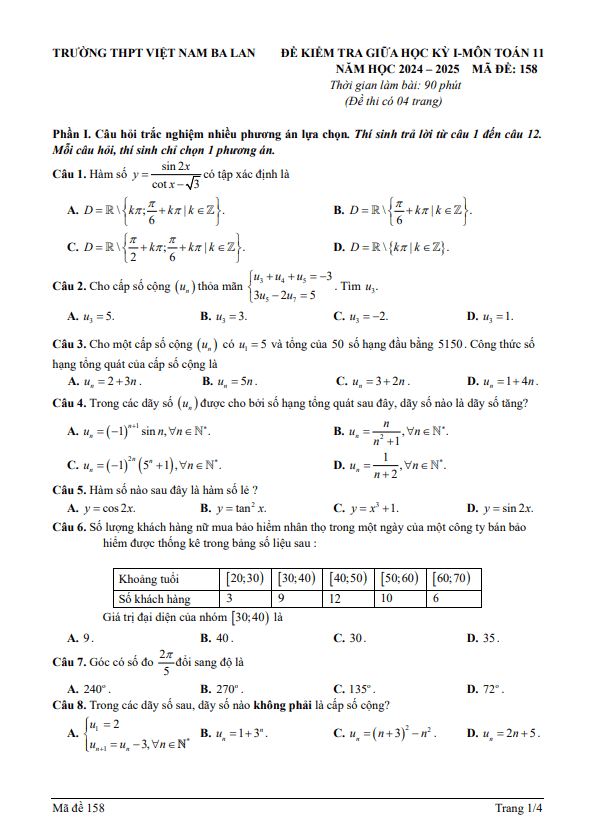 đề giữa kỳ 1 toán 11 năm 2024 – 2025 trường thpt việt nam – ba lan – hà nội