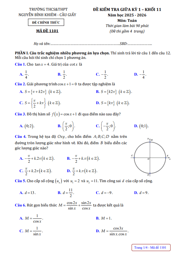 đề giữa kỳ 1 toán 11 năm 2025 – 2026 trường nguyễn bỉnh khiêm – hà nội