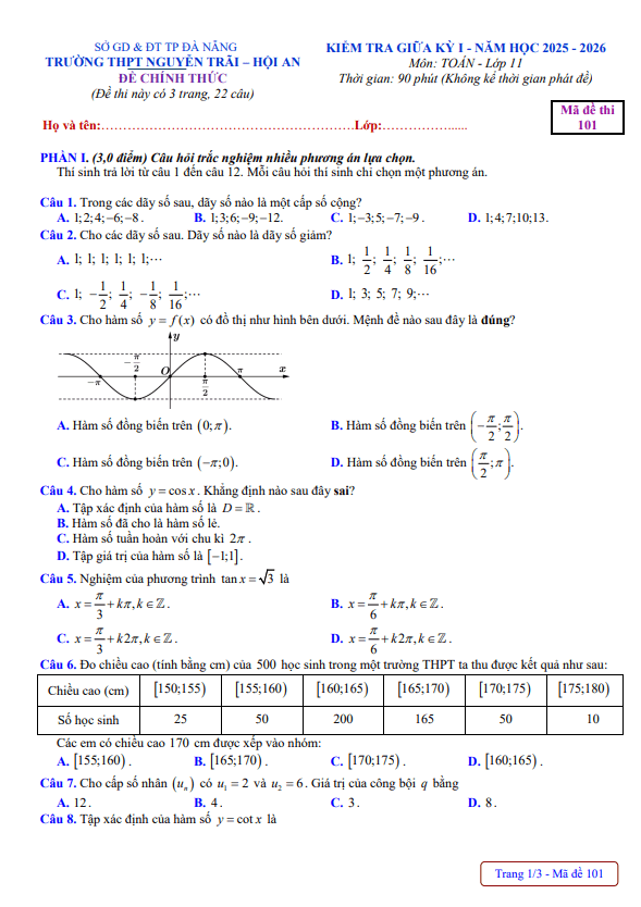 đề giữa kỳ 1 toán 11 năm 2025 – 2026 trường thpt nguyễn trãi – đà nẵng