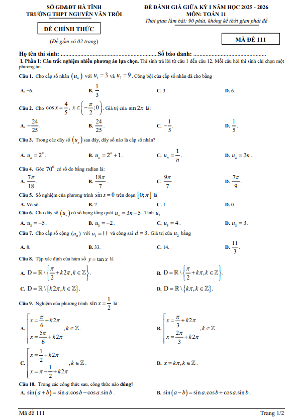 đề giữa kỳ 1 toán 11 năm 2025 – 2026 trường thpt nguyễn văn trỗi – hà tĩnh