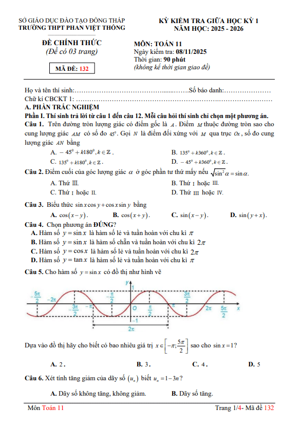đề giữa kỳ 1 toán 11 năm 2025 – 2026 trường thpt phan việt thống – đồng tháp